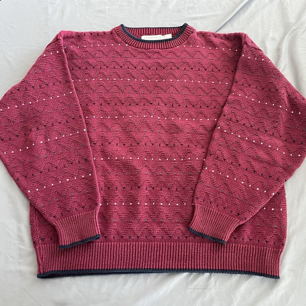 Vintage Andhurst Sweater Mens Large Red 3D Knit Striped Crewneck USA Made Cosby